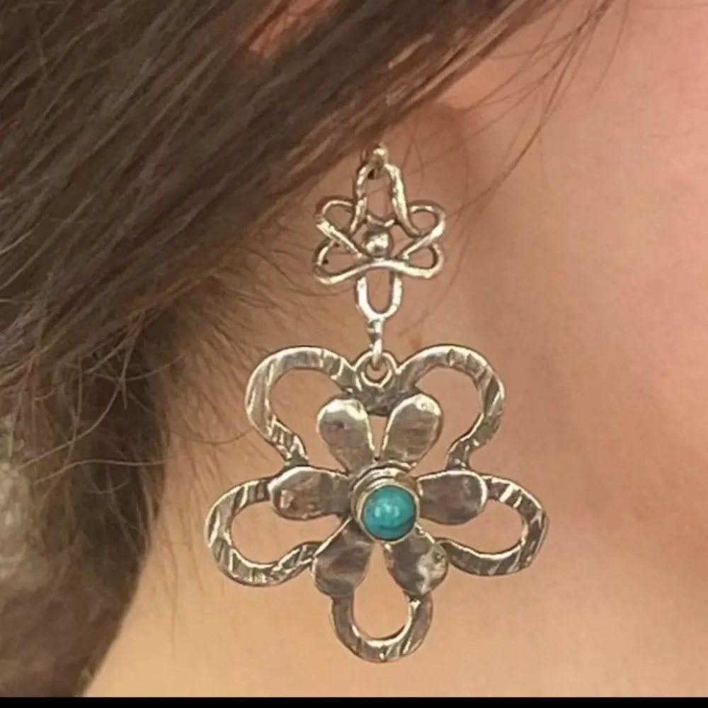 Silvertone Turquoise Flower Earrings - Picture 3 of 3